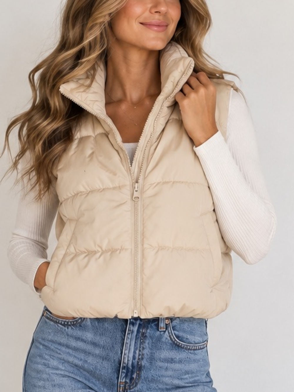 Automett Beige Cropped Puffer Vest Full Zip Lightweight Fall Layering Size XS